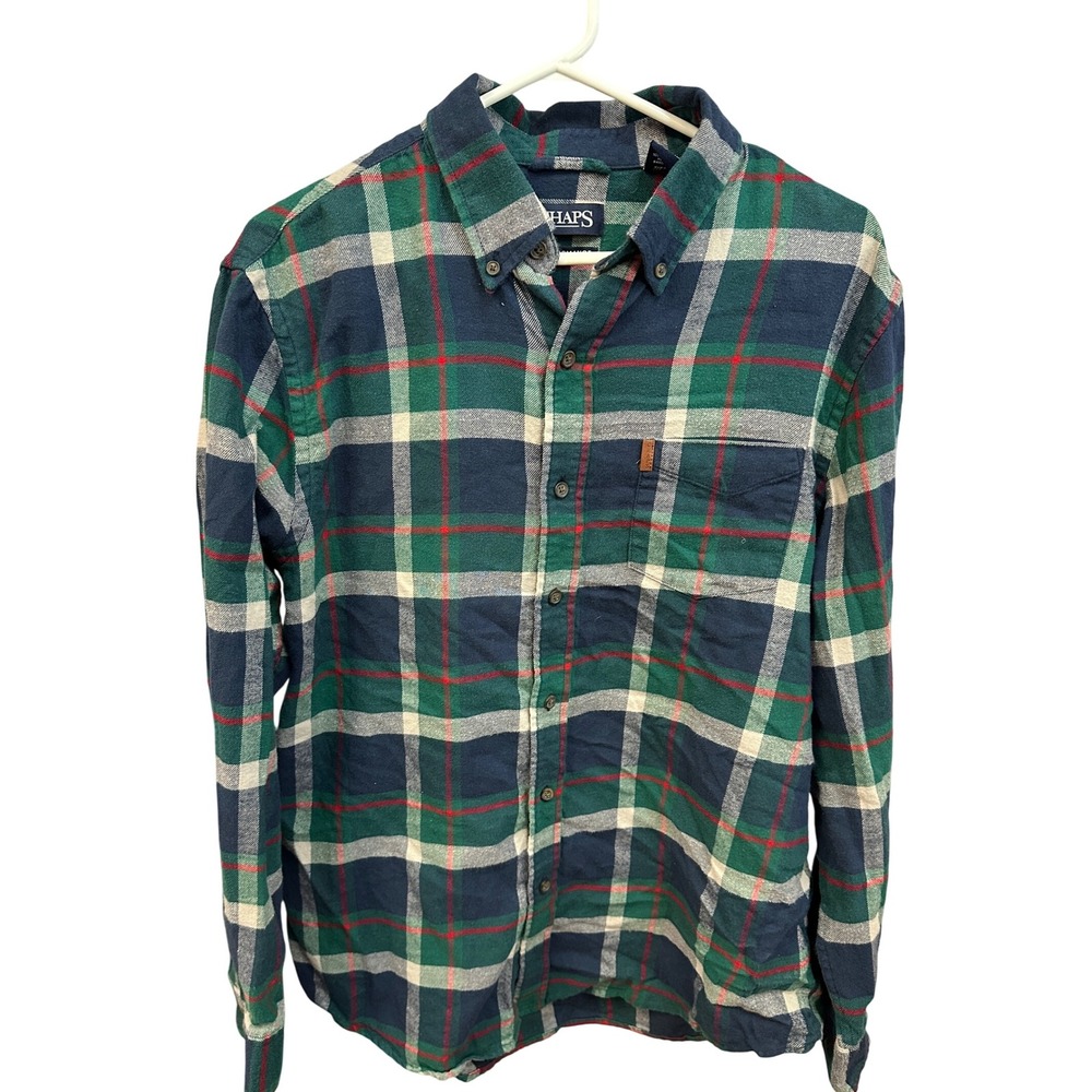 Chaps Mens Large L Plaid Flannel Long Sleeve‎ Button Up Shirt Green Red Blue